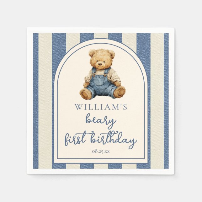 Blue Jean Denim Teddy Bear 1st Birthday Napkin (Front)