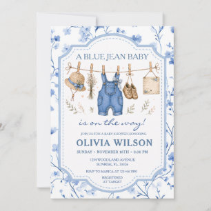 Blue Jean Floral Clothesline Girl Baby Shower  Invitation