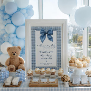 Blue Jean Gingham Coquette Bow Baby Shower Welcome Poster
