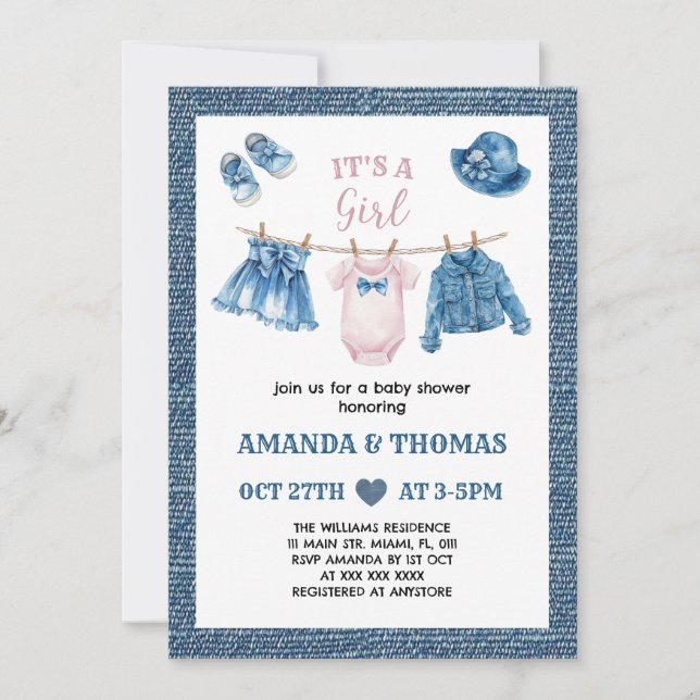 Blue Jean Girl Baby Shower Invitation (Front)