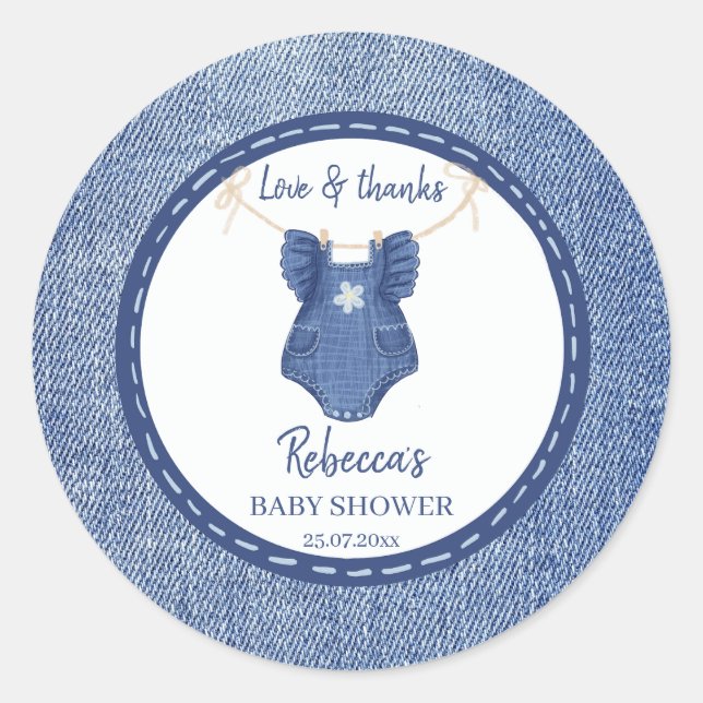 Blue jean girls denim baby shower thank you favour classic round sticker (Front)