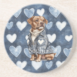 Blue Jean Jacket Hearts Dog Coaster