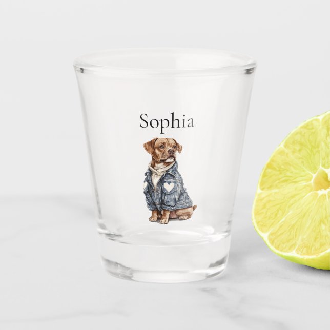 Blue Jean Jacket Hearts Dog Shot Glass (Front)