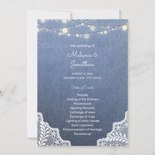 Blue Jean, Lace String Lights Ceremony Program Invitation (Front)