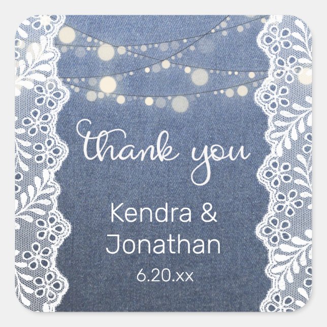 Blue Jean Lace & String Lights Thank You Square Sticker (Front)