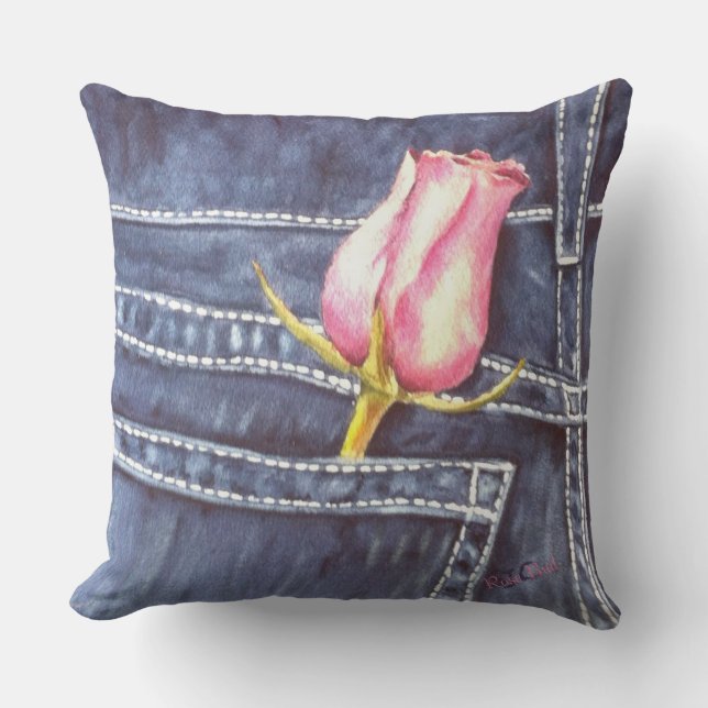 BLUE JEAN POCKET with PINK ROSE BUD FLOWER PATIO Cushion (Front)