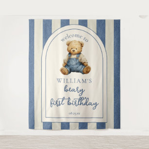 Blue Jean Teddy Bear 1st Birthday Photo Backdrop Tapestry