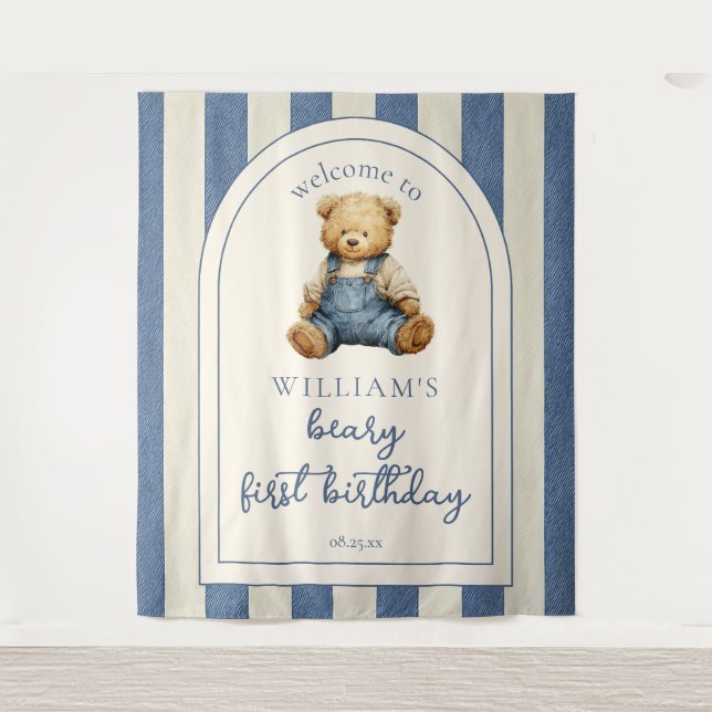 Blue Jean Teddy Bear 1st Birthday Photo Backdrop Tapestry (Front)