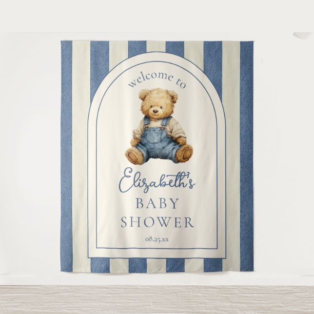 Blue Jean Teddy Bear Baby Shower Photo Backdrop Tapestry (Front)