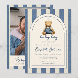 Blue Jean Teddy Bear Photo QR Code Boy Baby Shower Invitation