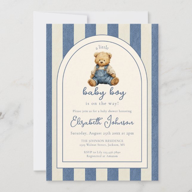 Blue Jean Teddy Bear QR Code Boy Baby Shower Invitation (Front)