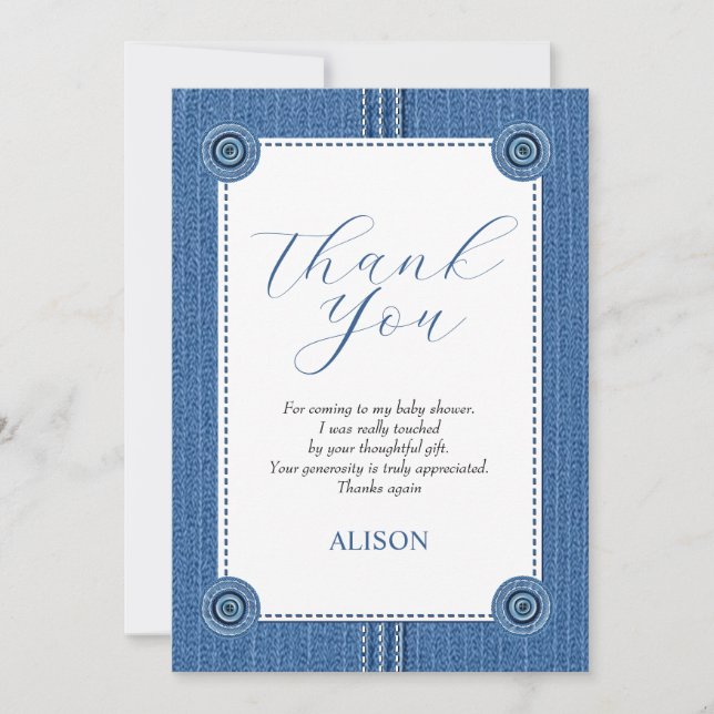Blue jean with seams and buttons baby boy shower thank you card (Front)