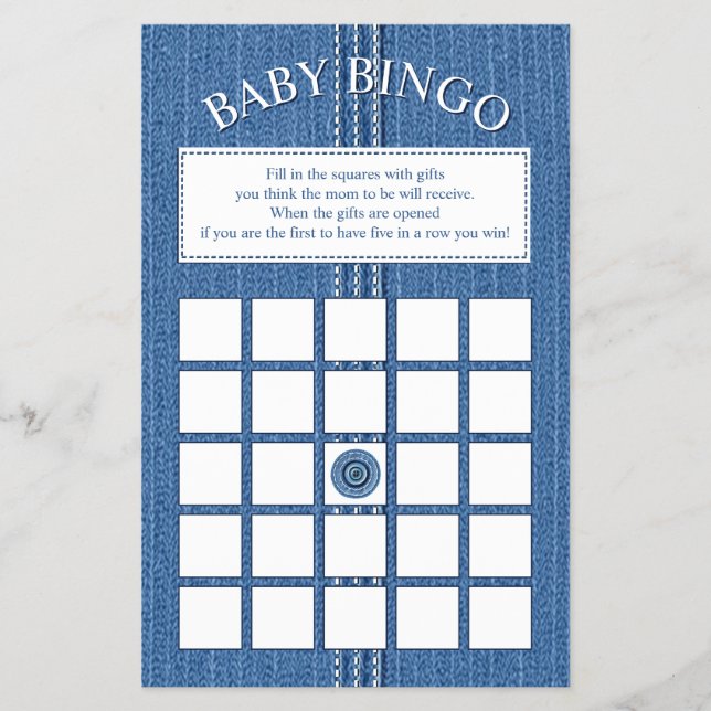 Blue jean with stiches boy Baby Shower Bingo game Flyer (Front)