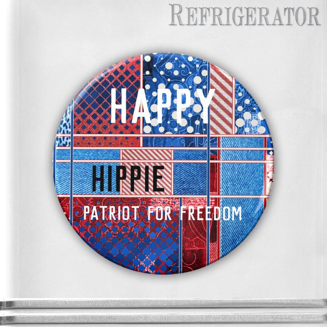 Blue Jeans Patchwork Personalised Patriot Magnet (Personalized magnet featuring a modern abstract design with blue jeans and red white playful pattern)