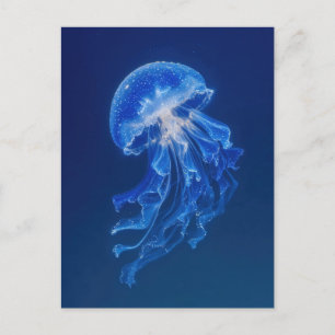 Blue Jellyfish Glowing in Deep Starry Night Ocean Postcard