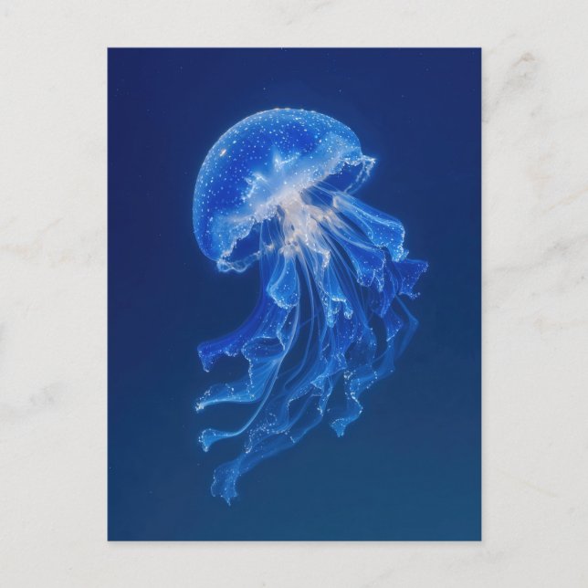 Blue Jellyfish Glowing in Deep Starry Night Ocean Postcard (Front)