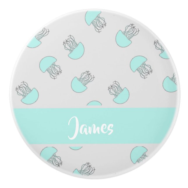 Blue jellyfish on grey ceramic knob (Front)