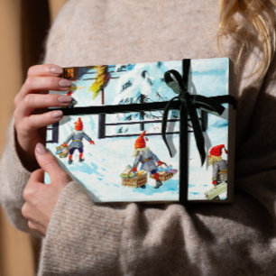 Blue Jenny Nyström Gnome Vintage Swedish Christmas Wrapping Paper Sheet