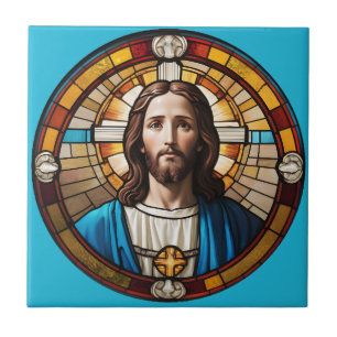 Blue Jesus Christ Circular Faux Stained Glass Tile