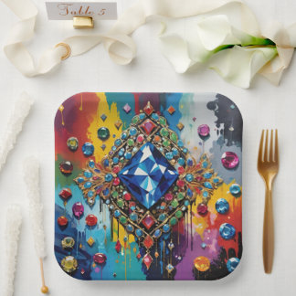Blue Jewel And Gemstones On Rainbow Background Paper Plate