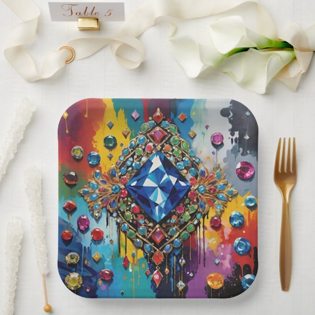 Blue Jewel And Gemstones On Rainbow Background Paper Plate (Wedding)