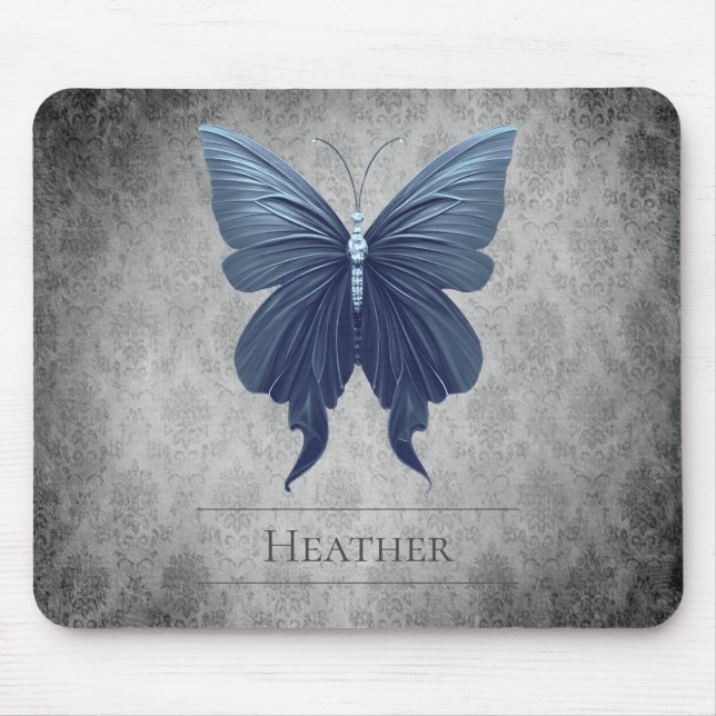 Blue Jewelled Butterfly Damask Mouse Pad (Front)