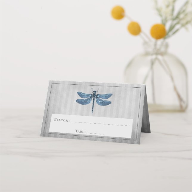 Blue Jewelled Dragonfly Reception Place Card (Front)