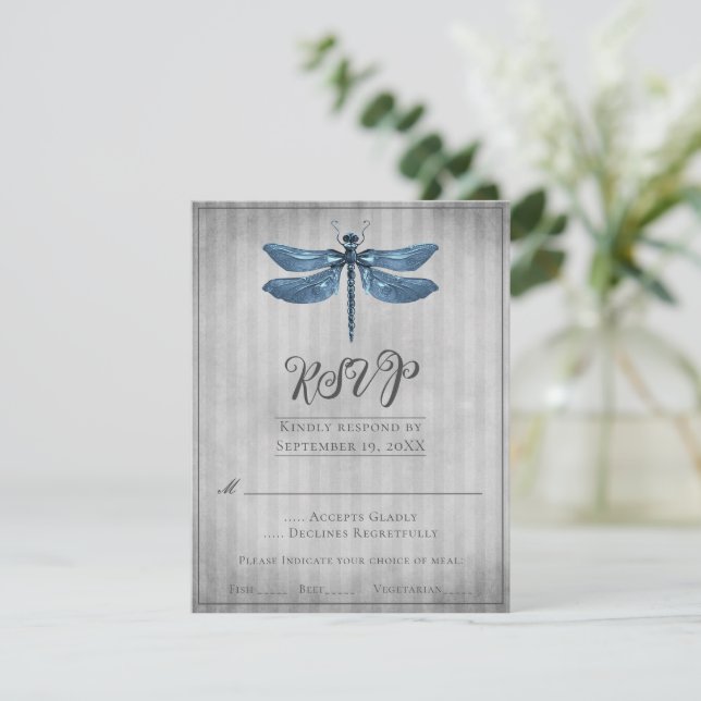 Blue Jewelled Dragonfly Wedding RSVP (Standing Front)