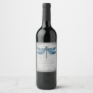 Blue Jewelled Dragonfly Wedding Wine Label