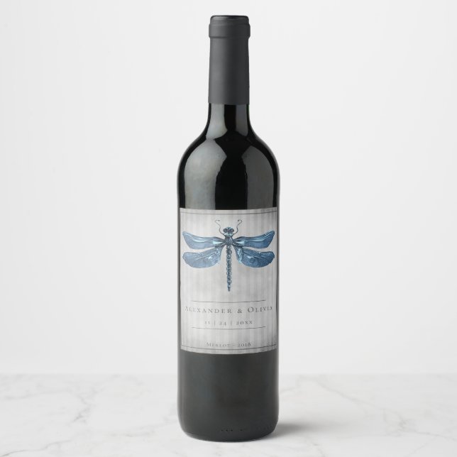 Blue Jewelled Dragonfly Wedding Wine Label (Front)