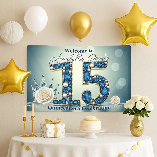Blue Jewels & Silver Crown 15th Birthday Party  Banner (Creator Uploaded)