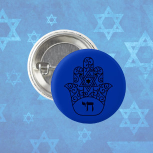 Blue Jewish Chai Hamsa with Star of David 3 Cm Round Badge