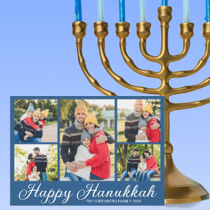 Blue Jewish Family Photo Collage Happy Hanukkah Holiday Card