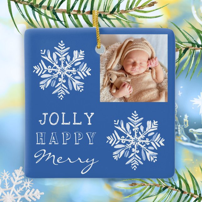 Blue Jolly Merry Snowflake Photo Christmas Holiday Ceramic Ornament (Creator Uploaded)
