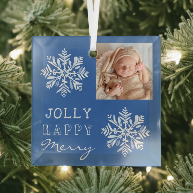 Blue Jolly Merry Snowflake Photo Christmas Holiday Glass Tree Decoration (Insitu)