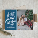 Blue Joy To The World Christmas Carol Photo Holiday Card<br><div class="desc">Joy to the world,  the Lord has come! Customisable religious Christmas photo flat card featuring hand lettering,  sparkles on a blue background. Personalise by adding names,  photos,  addresses and messages. Send Christmas wishes and greetings to family and friends with this modern calligraphy Christmas flat card.</div>