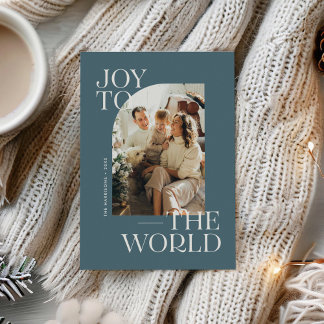 Blue Joy to the World Modern Type Christmas Photo  Holiday Card
