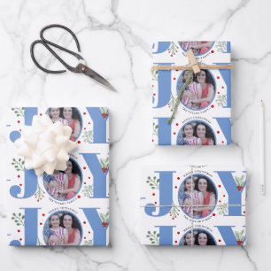 Blue Joy with berries Christmas holiday photo Wrapping Paper Sheet