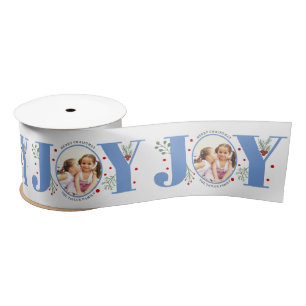 Blue Joy with berries Christmas photo Satin Ribbon