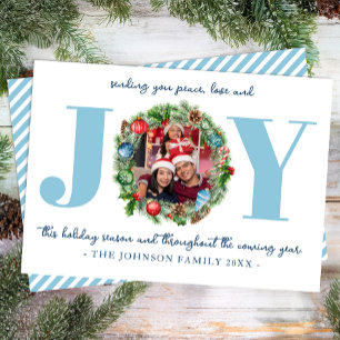 Blue JOY Wreath Christmas Photo Card