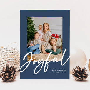 Blue Joyful Script Photo  Holiday Card