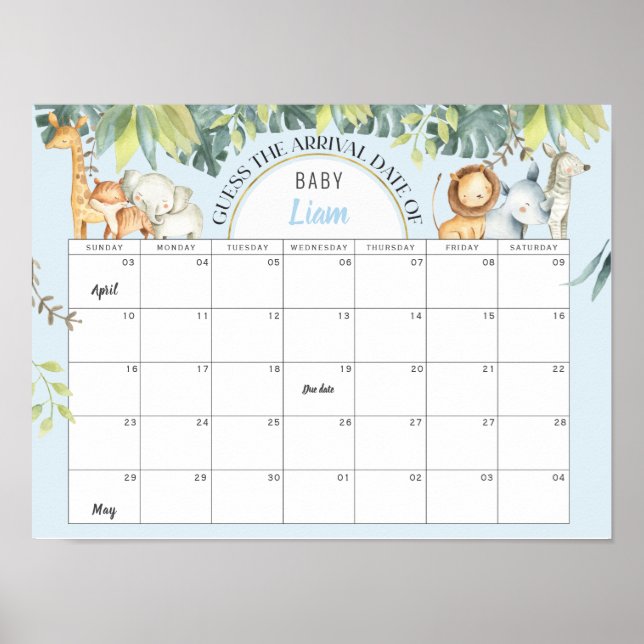 Blue jungle animals boy baby shower guessing game poster (Front)