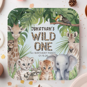 Blue Jungle animals wild one Safari themed Paper Plate