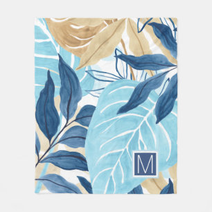 Blue Jungle Leaves Fleece Blanket