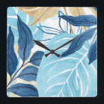 Blue Jungle Leaves Square Wall Clock<br><div class="desc">Blue Jungle IV by June Erica Vess. Tropical jungle leaves in abstract colours are brought together in this piece of art. | 163238Z</div>