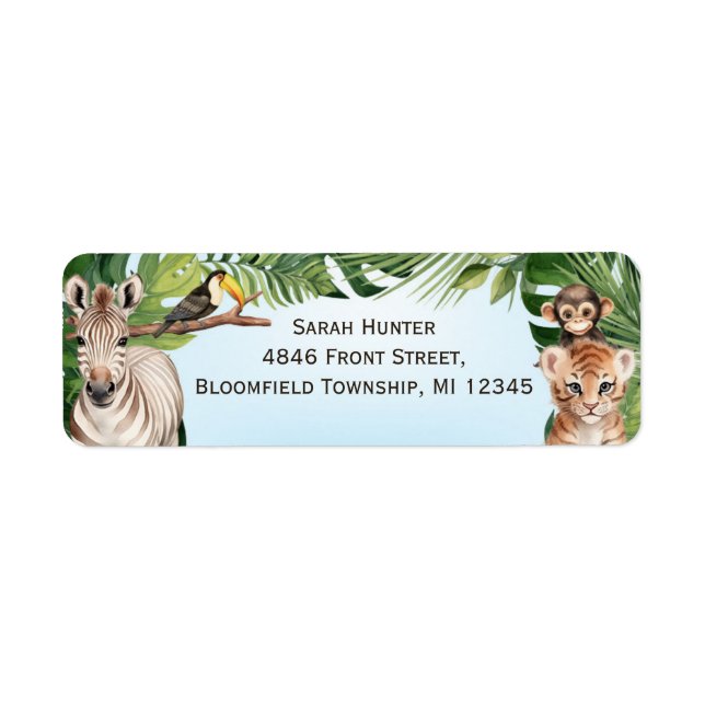 Blue jungle safari animals, birthday return addres (Front)