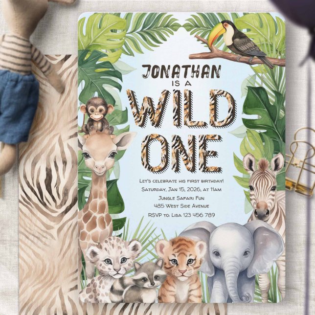 blue Jungle Safari Baby Animals Boy 1st birthday Invitation (Wild one, Blue Safari animal, jungle themed 1st birthday invitation.)