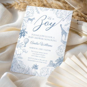 Blue Jungle Safari Baby Boy Shower Animals Invitation