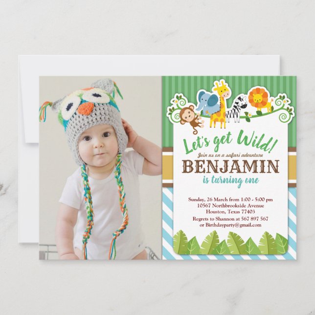 Blue Jungle Safari Zoo Animal Birthday Photo Invitation (Front)