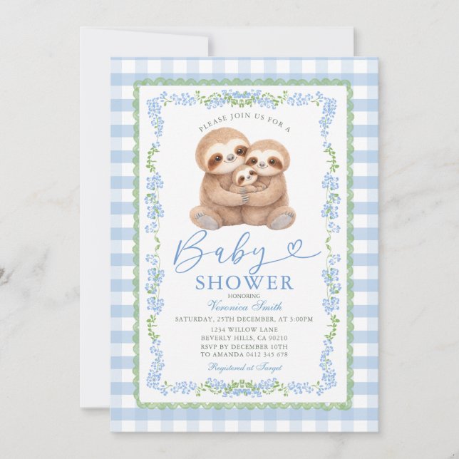 Blue Jungle Watercolor Sloth Baby Shower Invitation (Front)